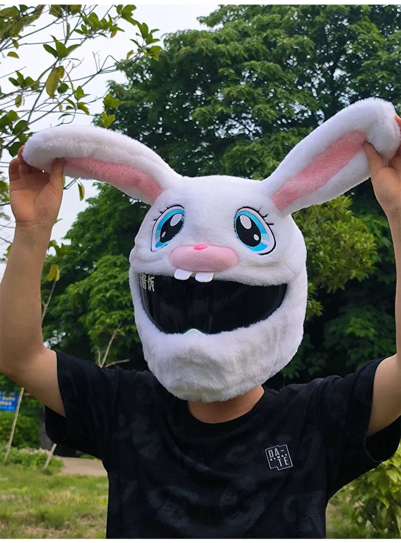White rabbit head decorative cover for electric motorcycle helmet with long ears and plush PP cotton material