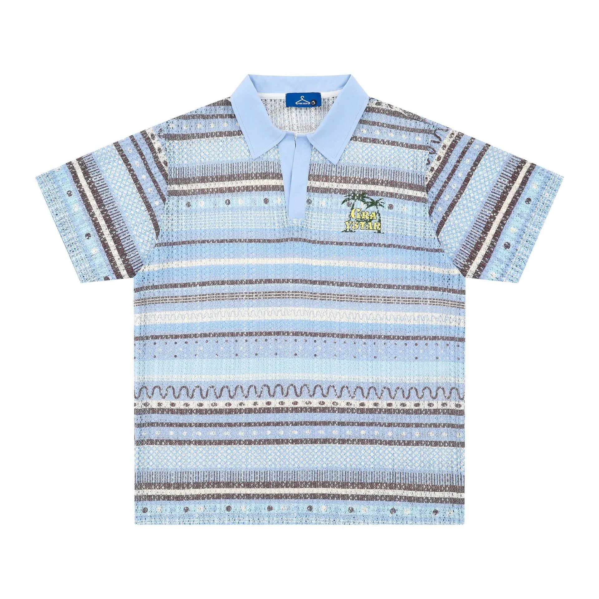 Men's blue and yellow printed short sleeve shirt with loose elastic fabric on a hanger.