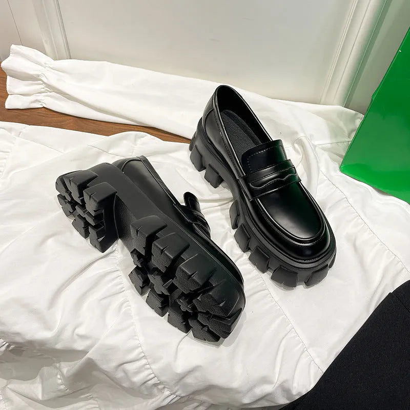 British wide-fit loafers in patent leather or matte finish with muffin heel and rubber sole