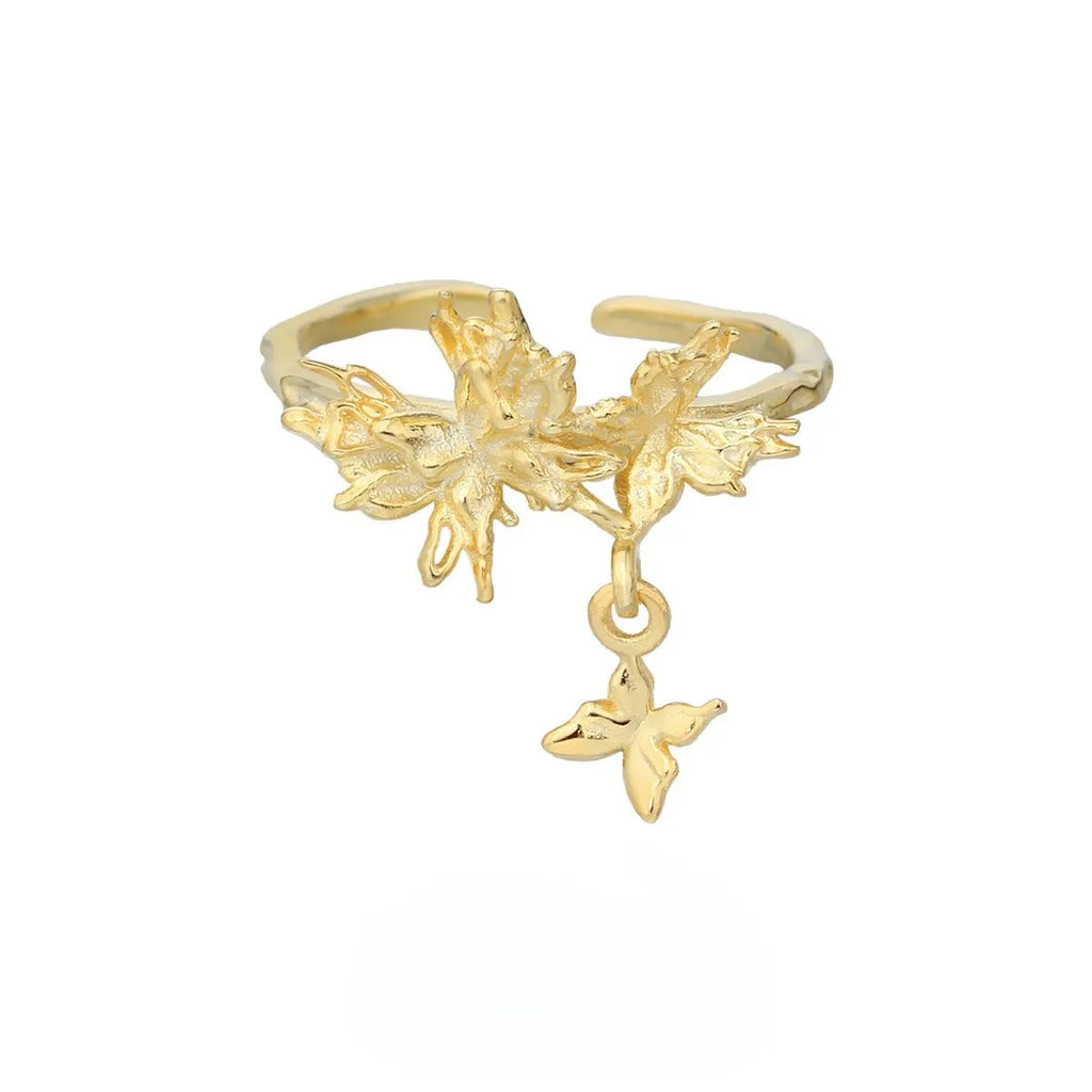Silver adjustable butterfly ring with electroplated white gold or 18K gold finish