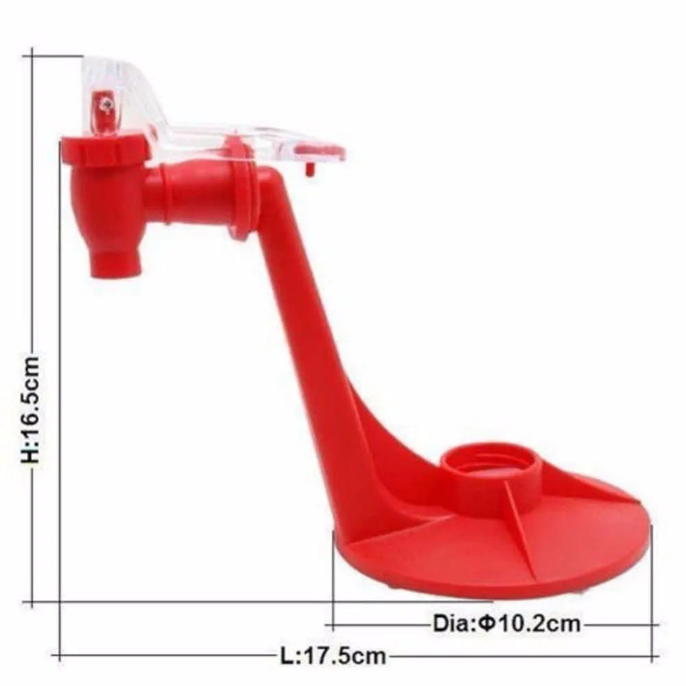 Red plastic Magic Tap soda dispenser attached to an inverted 2-litre bottle for serving fizzy drinks
