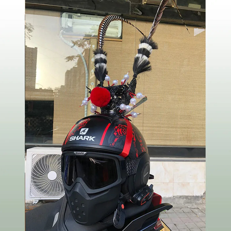 Motorcycle helmet decoration kit showing a crown ornament and a long feather for customisation.