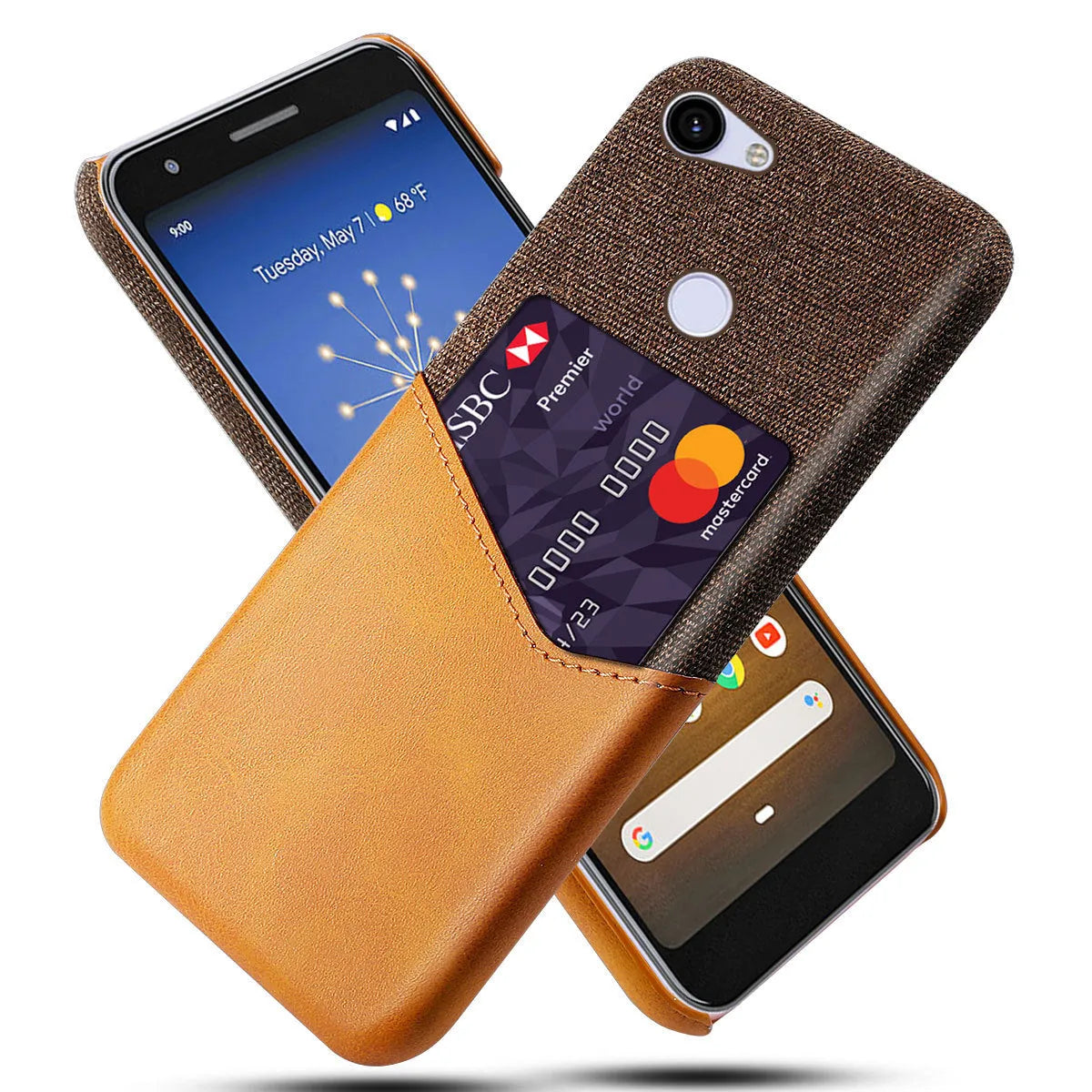 Solid colour leather Google Pixel phone case in black, shown from the back.