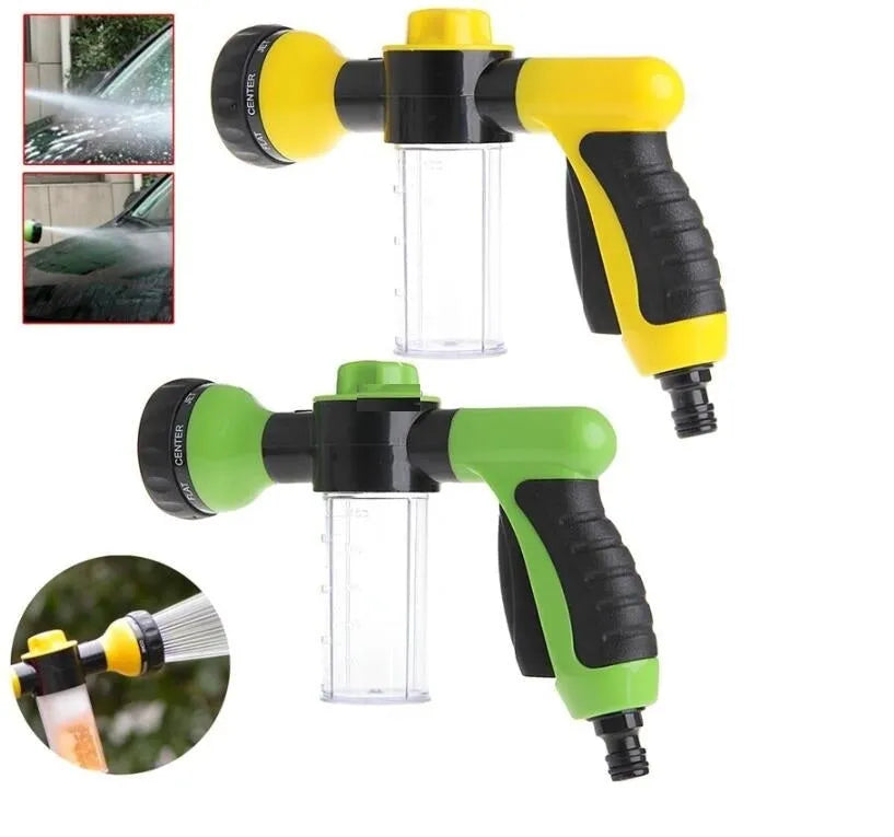 Green high pressure foam spray gun with adjustable nozzle for car washing and household cleaning.
