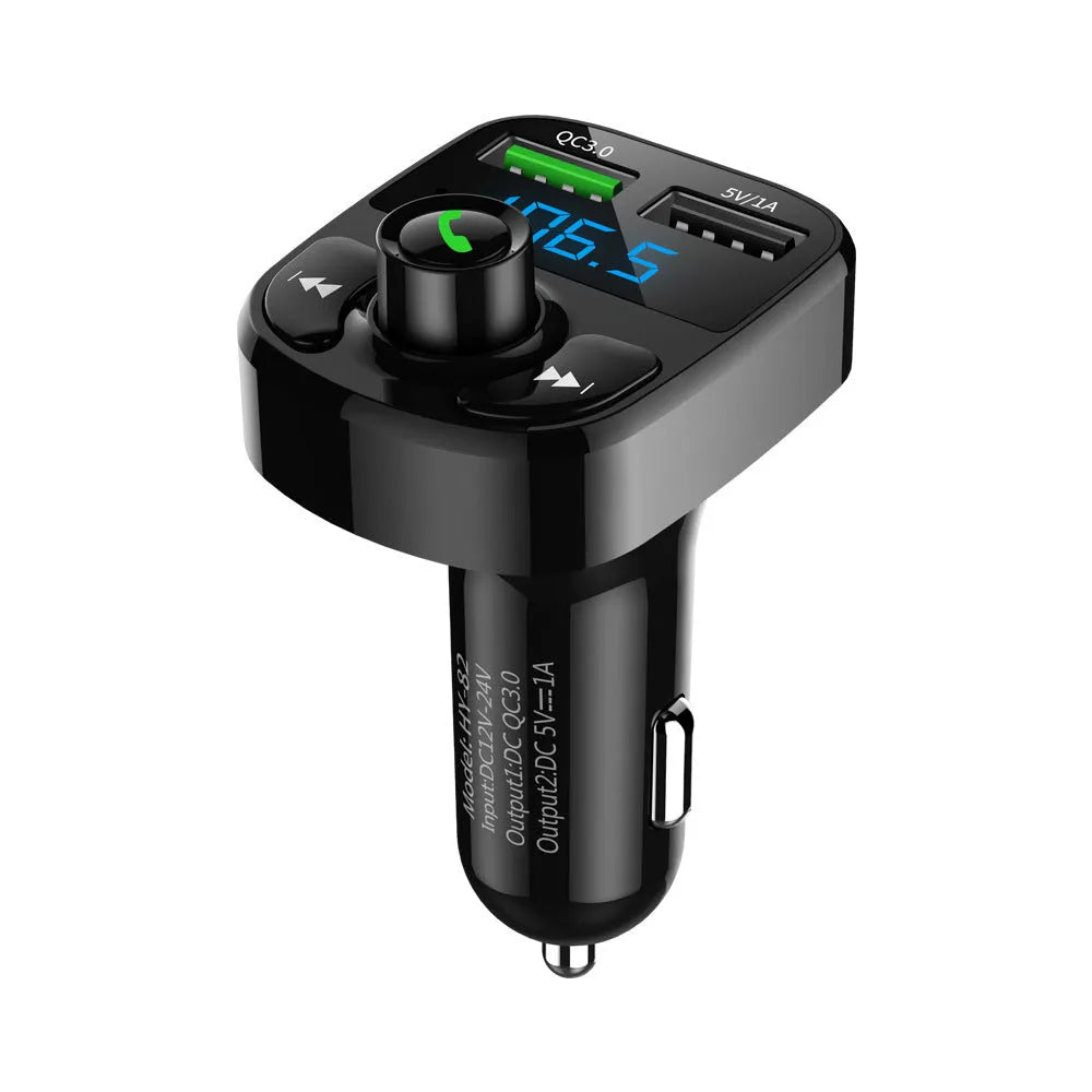 HY82 car MP3 Bluetooth player with cigarette lighter plug and dual USB charging ports