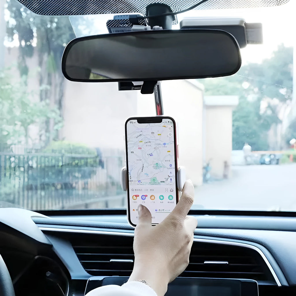 Black vehicle rearview mirror mobile phone bracket holding smartphone with ABS plastic construction