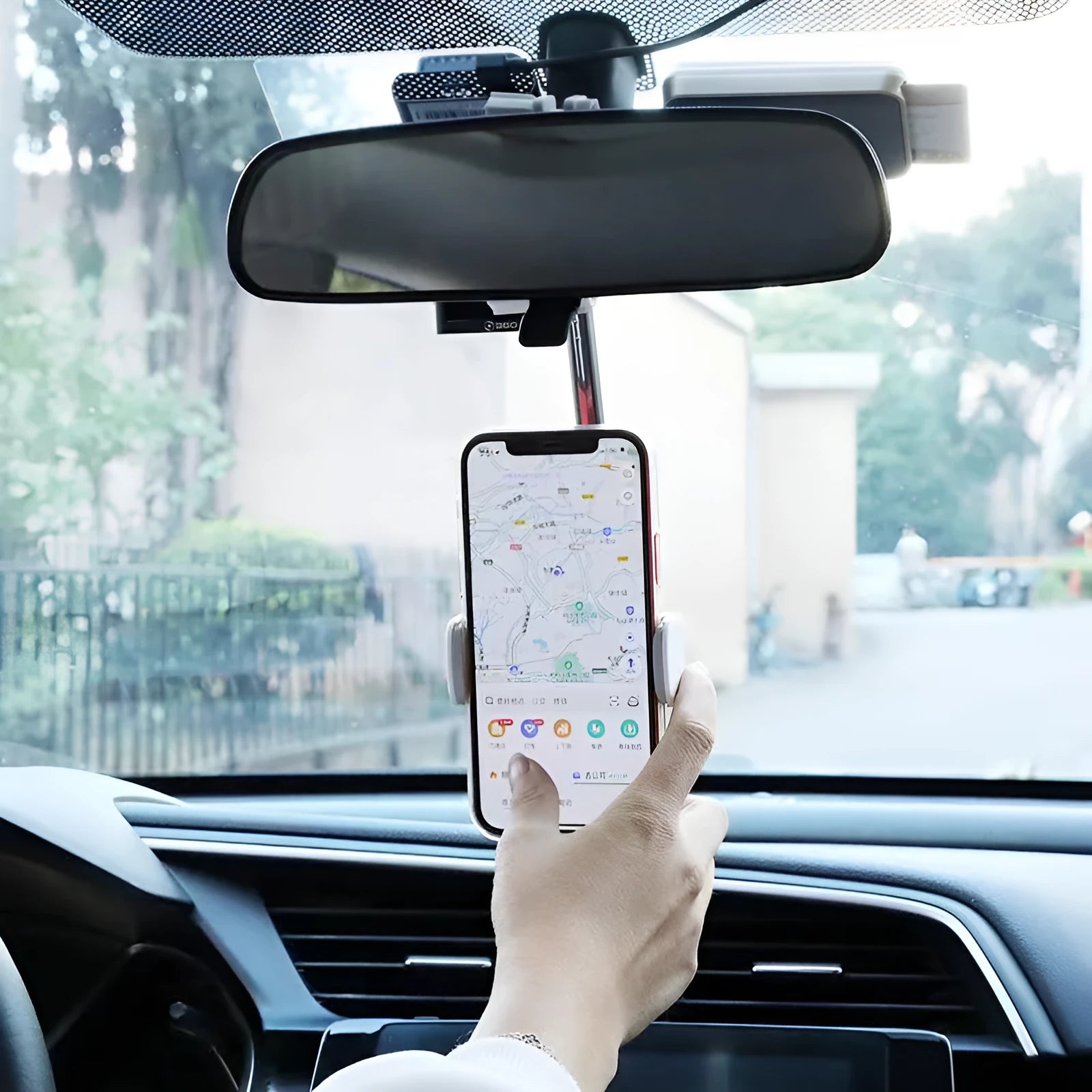 Black vehicle rearview mirror mobile phone bracket holding smartphone with ABS plastic construction