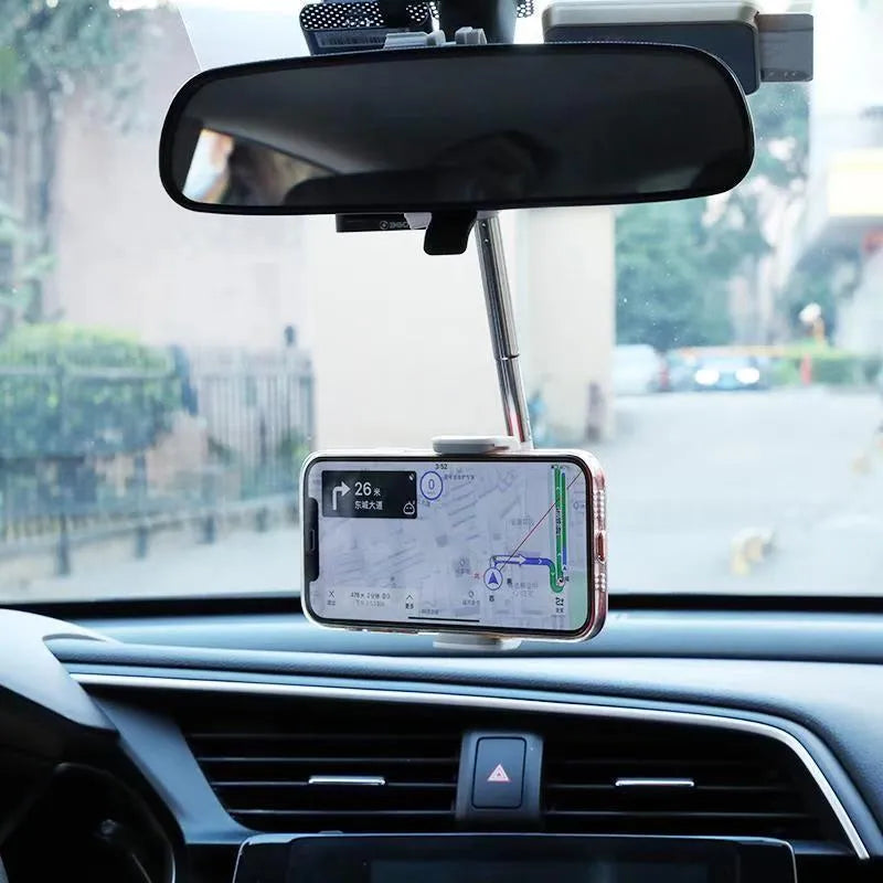 Black vehicle rearview mirror mobile phone bracket holding smartphone with ABS plastic construction