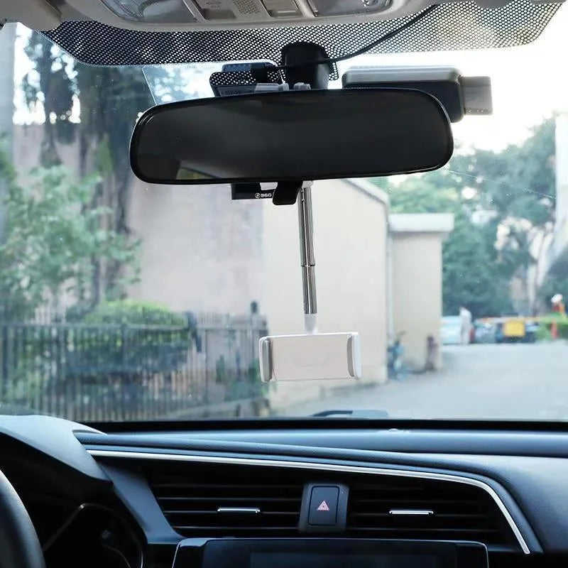 Black vehicle rearview mirror mobile phone bracket holding smartphone with ABS plastic construction
