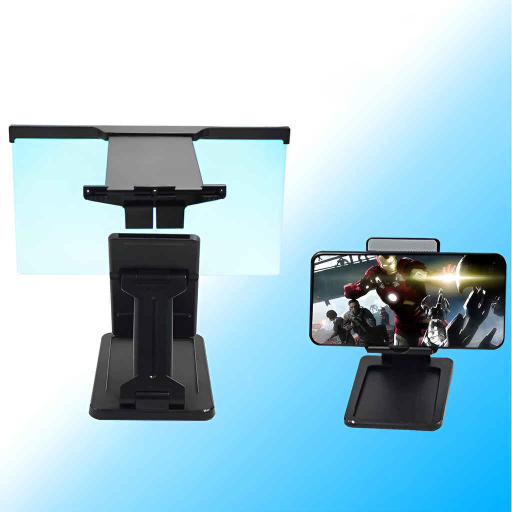 Black L20 split mobile phone screen magnifier with acrylic lens and separate plastic support bracket.