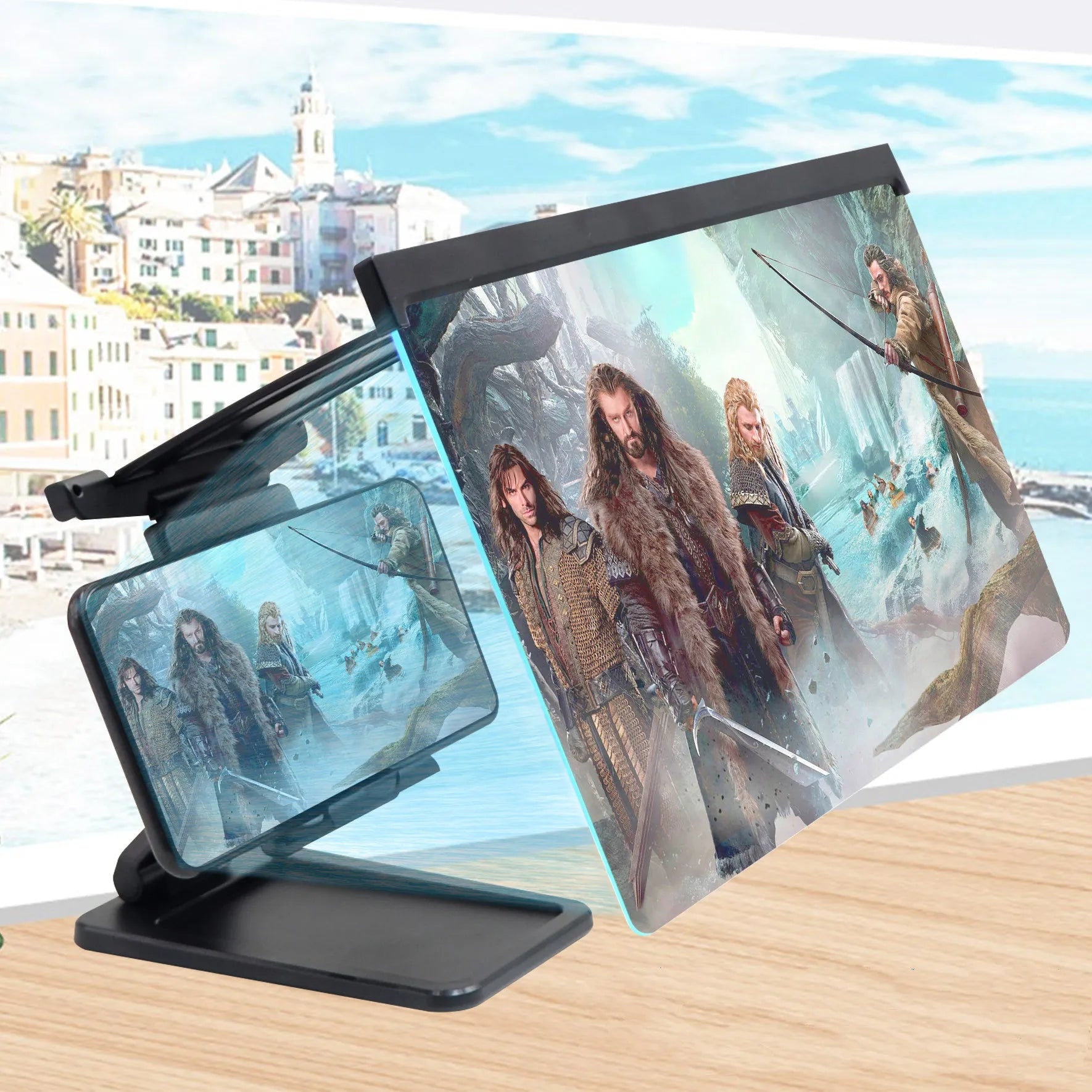 Black L20 split mobile phone screen magnifier with acrylic lens and separate plastic support bracket.