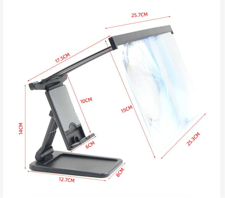Black L20 split mobile phone screen magnifier with acrylic lens and separate plastic support bracket.