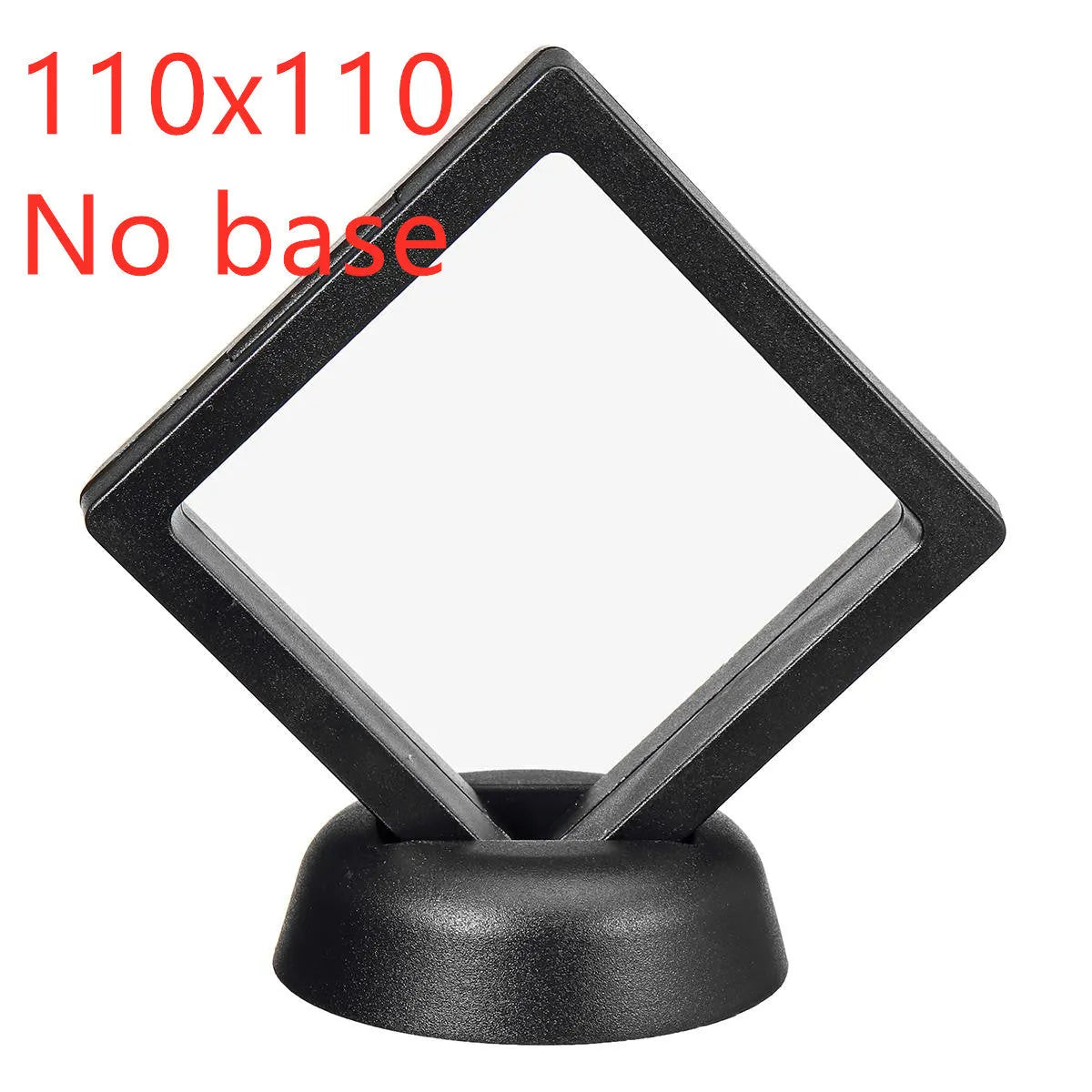 Black 3D floating display cabinet with ABS frame and transparent TPU film showing a medal inside