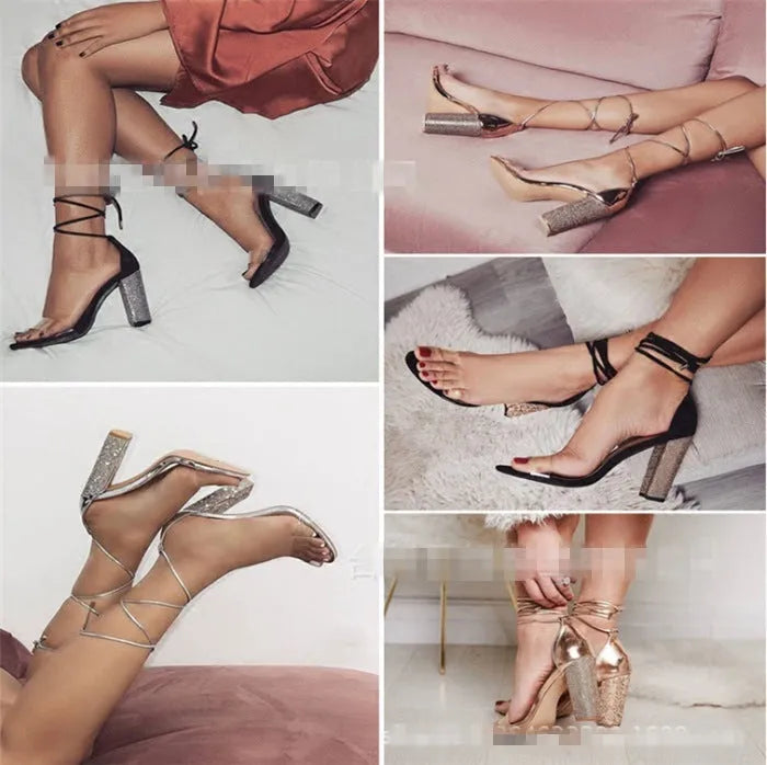Plastic high heels with pointed toe in black and gold colours showing European American style