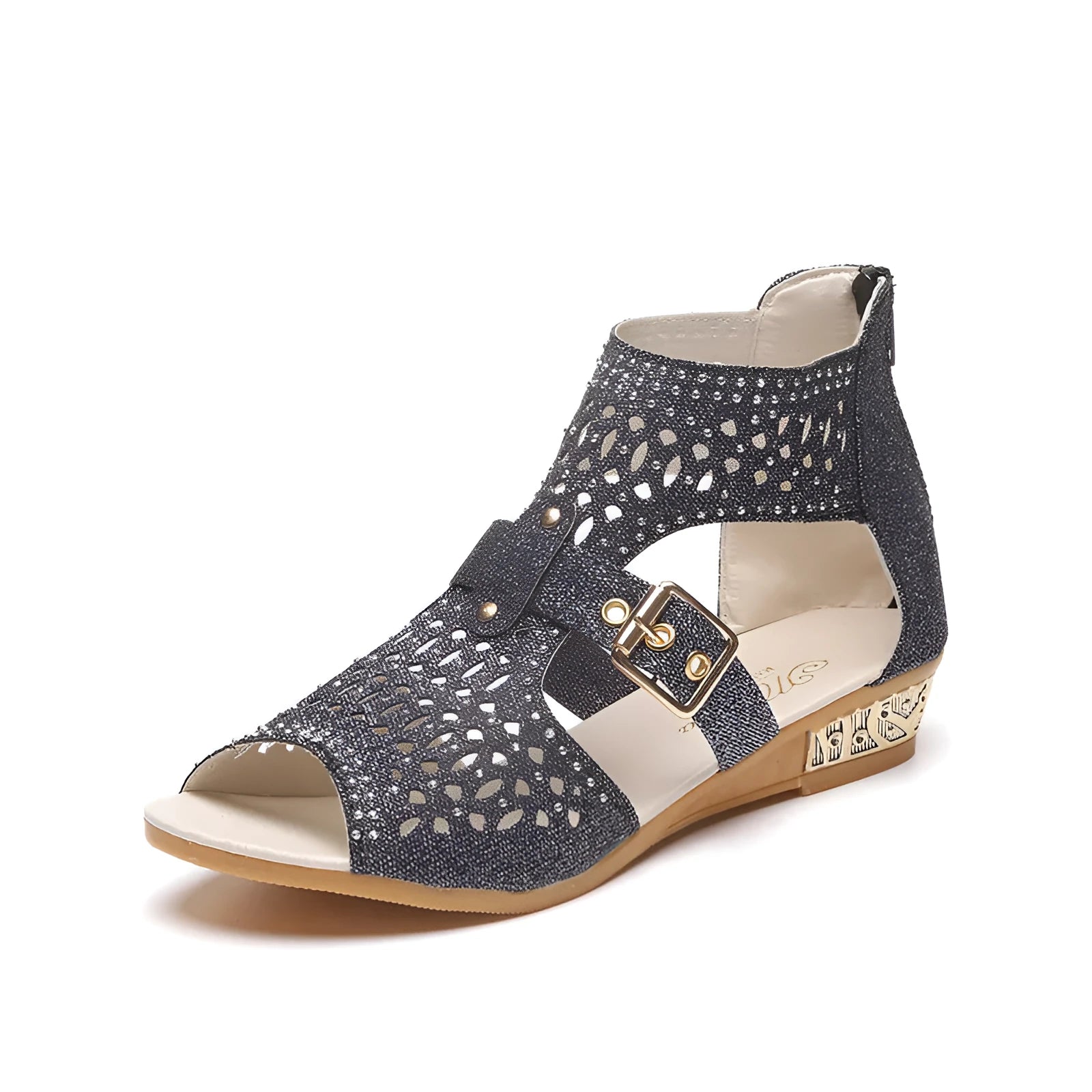 Women's beige casual sandals with a low wedge heel, back zipper, and fish mouth toe.