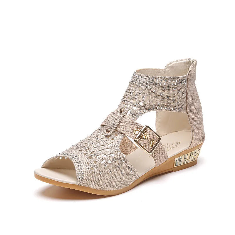 Women's beige casual sandals with a low wedge heel, back zipper, and fish mouth toe.