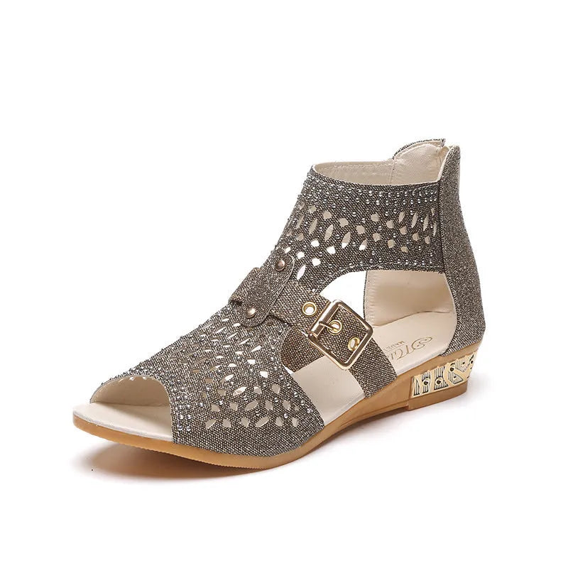 Women's beige casual sandals with a low wedge heel, back zipper, and fish mouth toe.