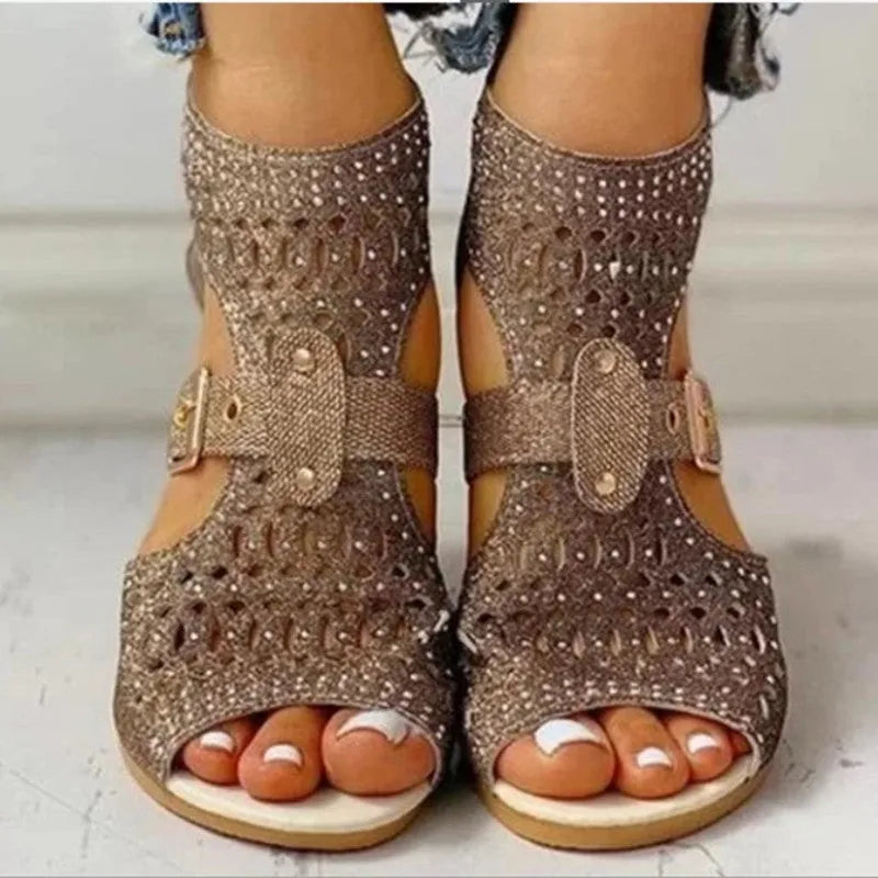 Women's beige casual sandals with a low wedge heel, back zipper, and fish mouth toe.