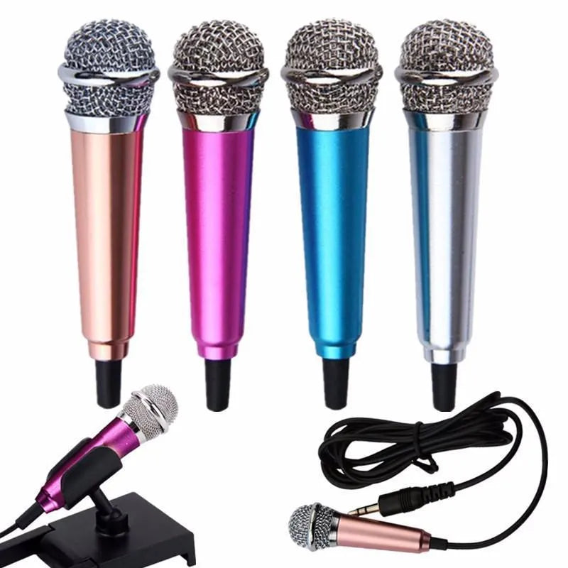 T3 mini condenser karaoke microphone with 3.5mm plug in blue, gold, red, or silver colour options.
