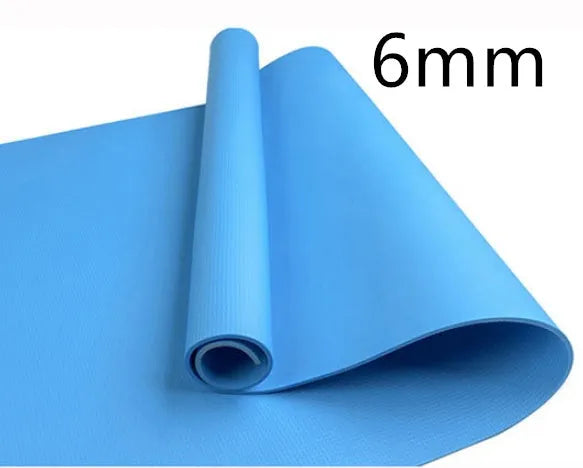EVA yoga mat in red showing rolled and flat positions, demonstrating 4mm and 6mm thickness options.