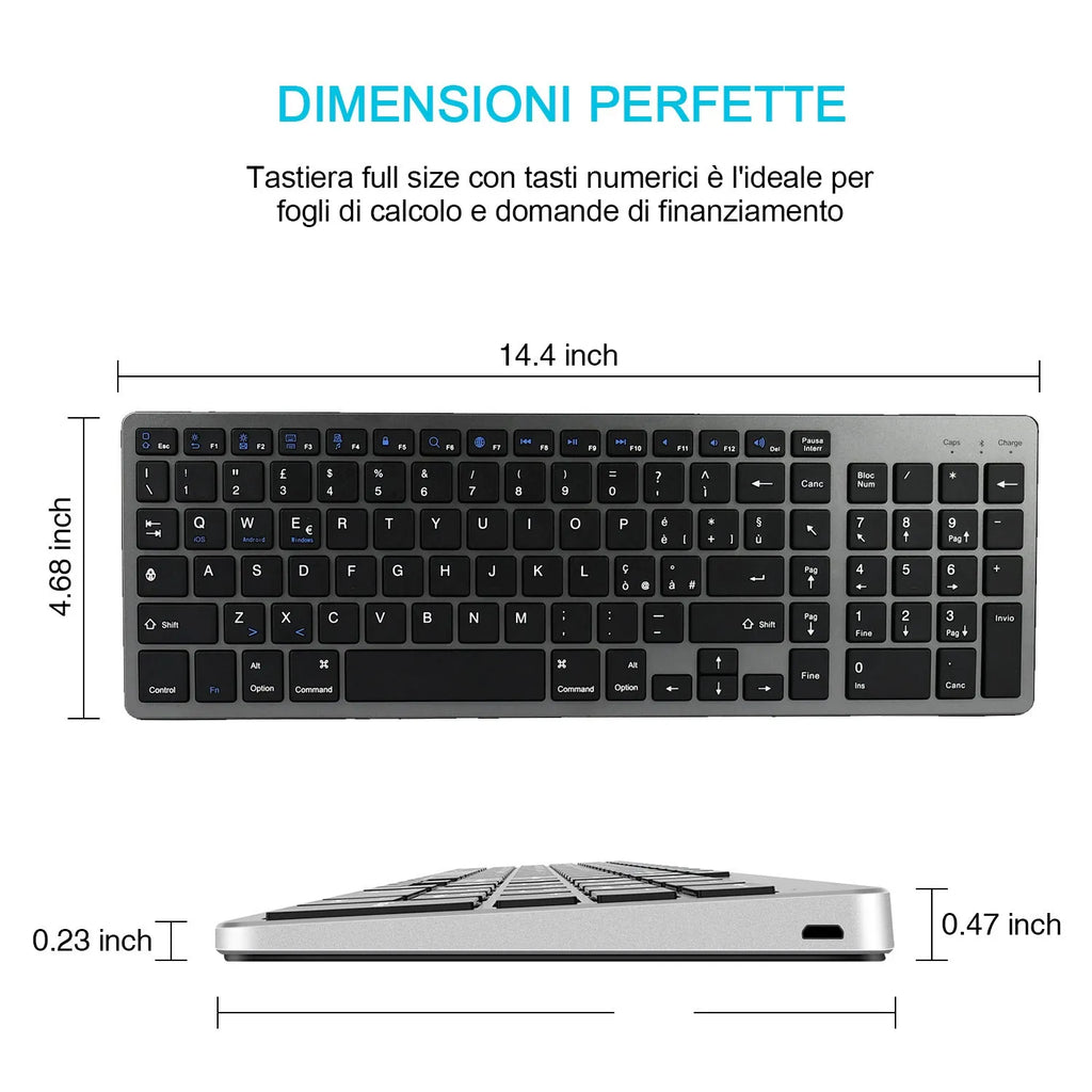 White universal Bluetooth keyboard for tablets and phones showing 104-key layout and ultra-thin 13mm aluminium design