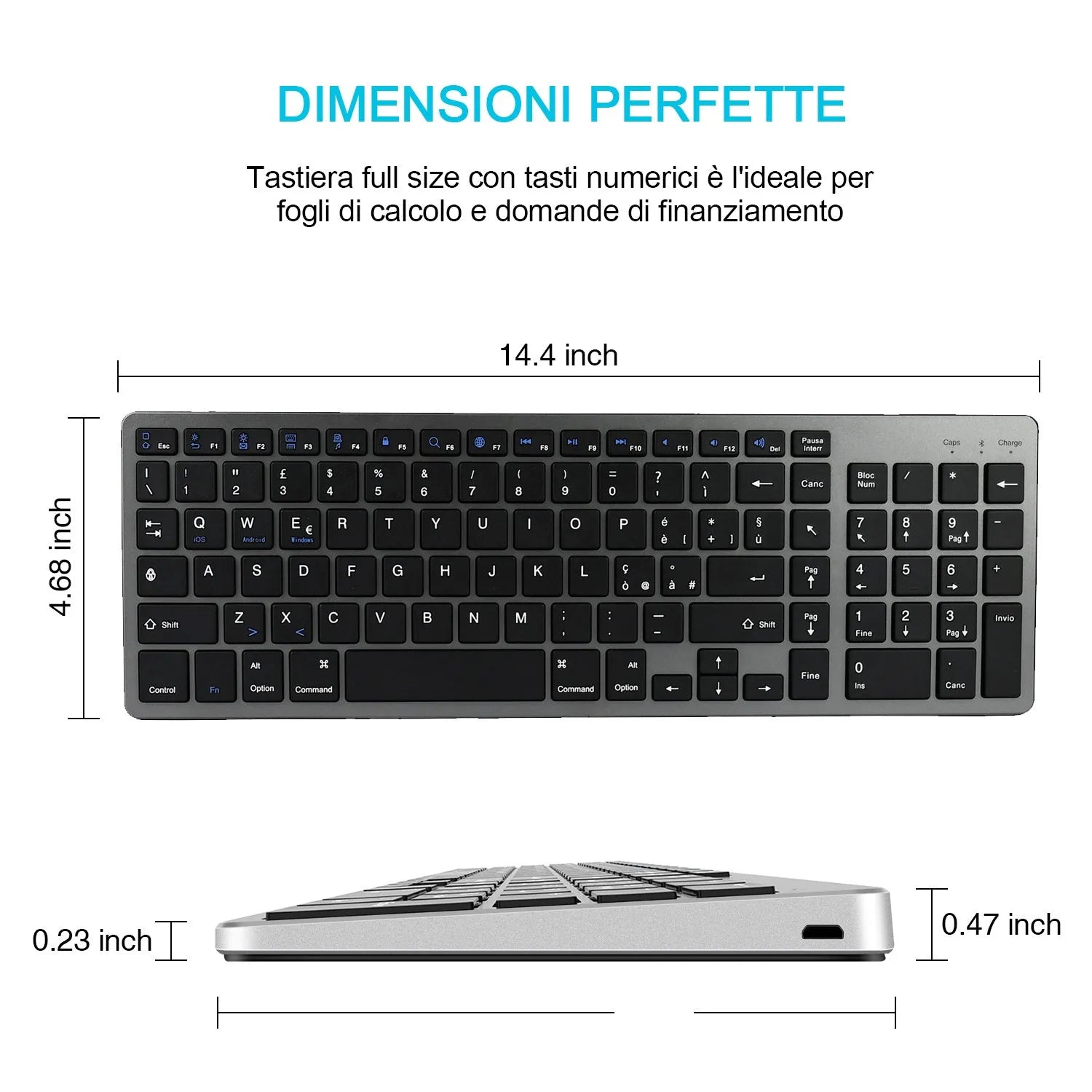 White universal Bluetooth keyboard for tablets and phones showing 104-key layout and ultra-thin 13mm aluminium design