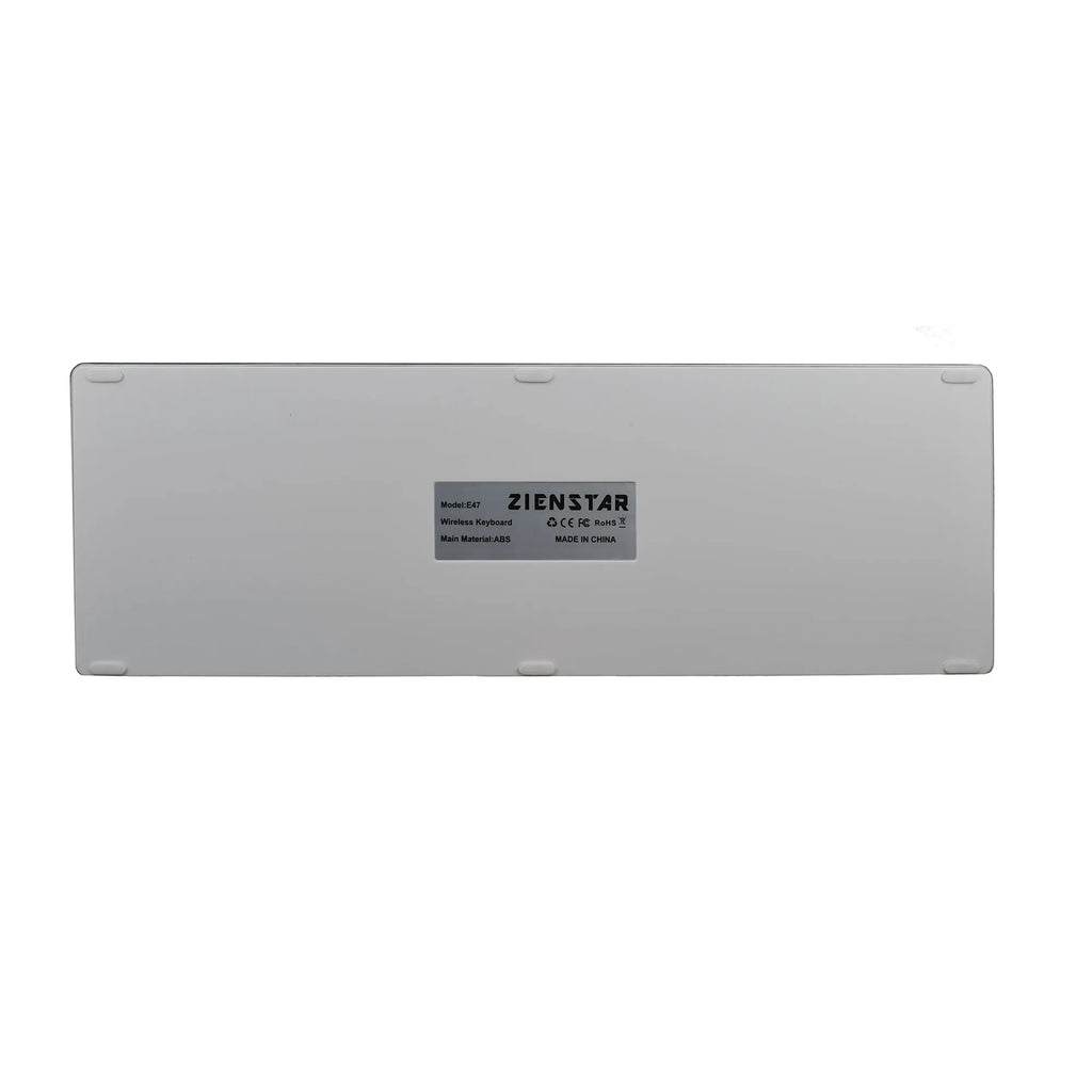 White universal Bluetooth keyboard for tablets and phones showing 104-key layout and ultra-thin 13mm aluminium design