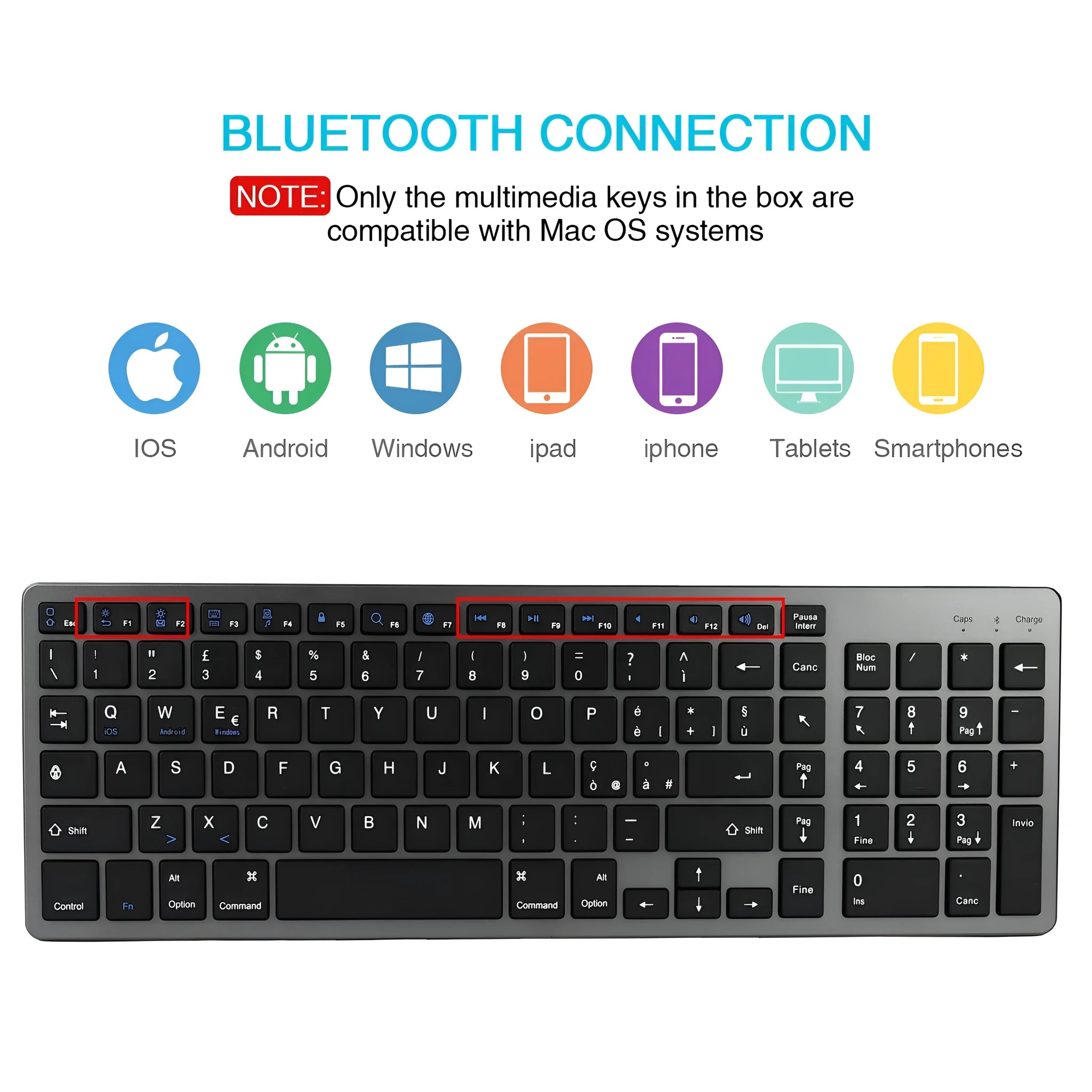 White universal Bluetooth keyboard for tablets and phones showing 104-key layout and ultra-thin 13mm aluminium design