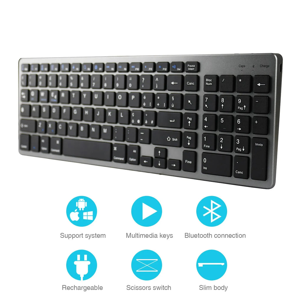 White universal Bluetooth keyboard for tablets and phones showing 104-key layout and ultra-thin 13mm aluminium design