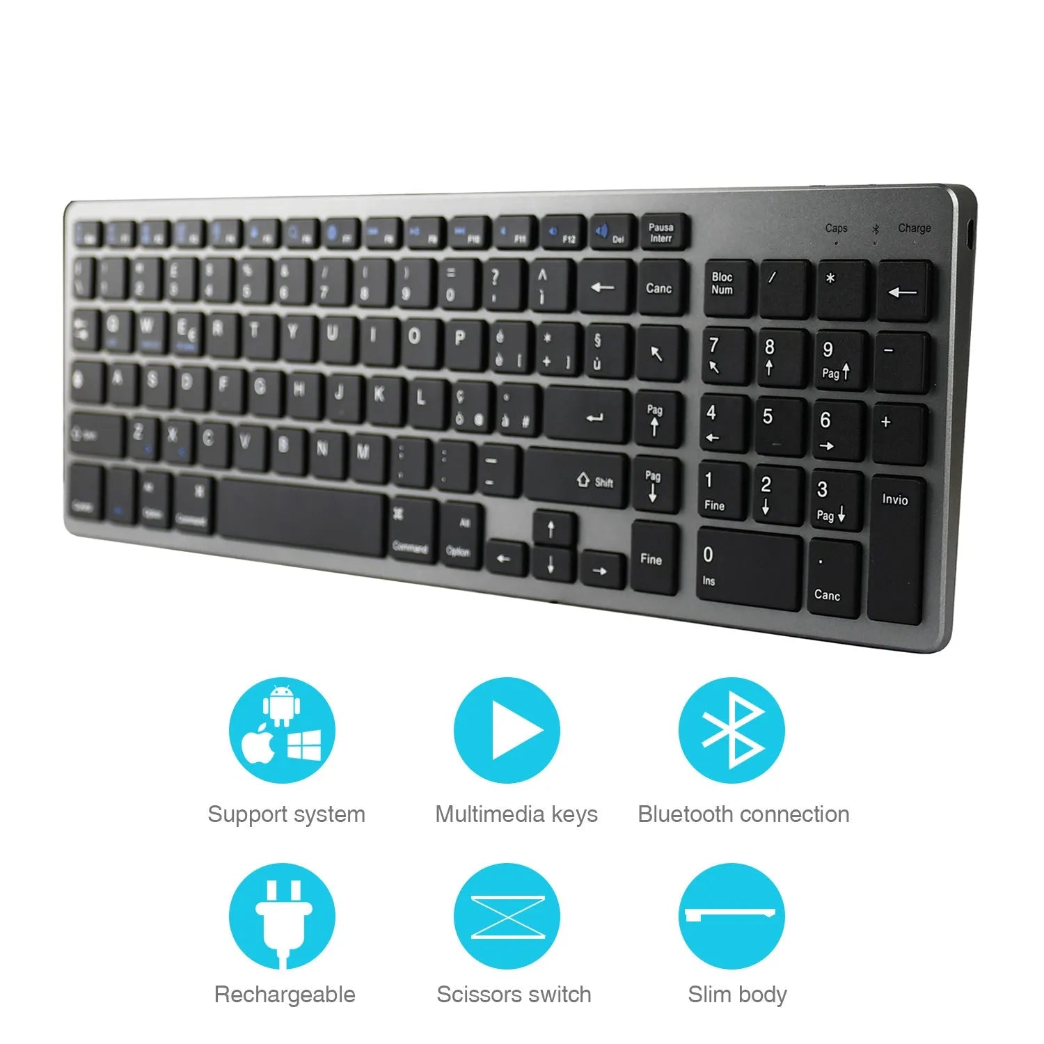 White universal Bluetooth keyboard for tablets and phones showing 104-key layout and ultra-thin 13mm aluminium design