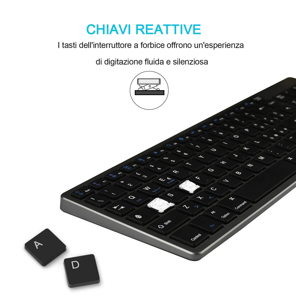White universal Bluetooth keyboard for tablets and phones showing 104-key layout and ultra-thin 13mm aluminium design
