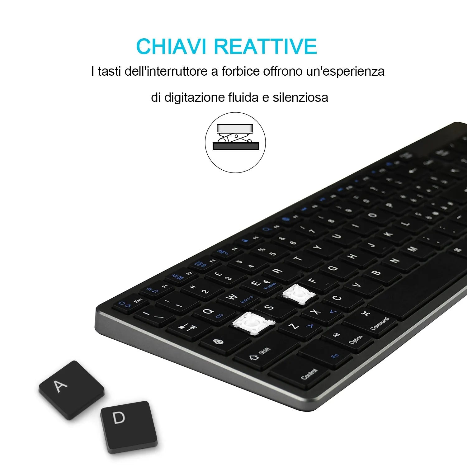 White universal Bluetooth keyboard for tablets and phones showing 104-key layout and ultra-thin 13mm aluminium design