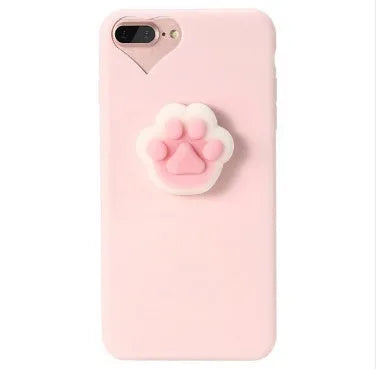 Soft pink TPU iPhone case with a raised white 3D cartoon cat design on the back.