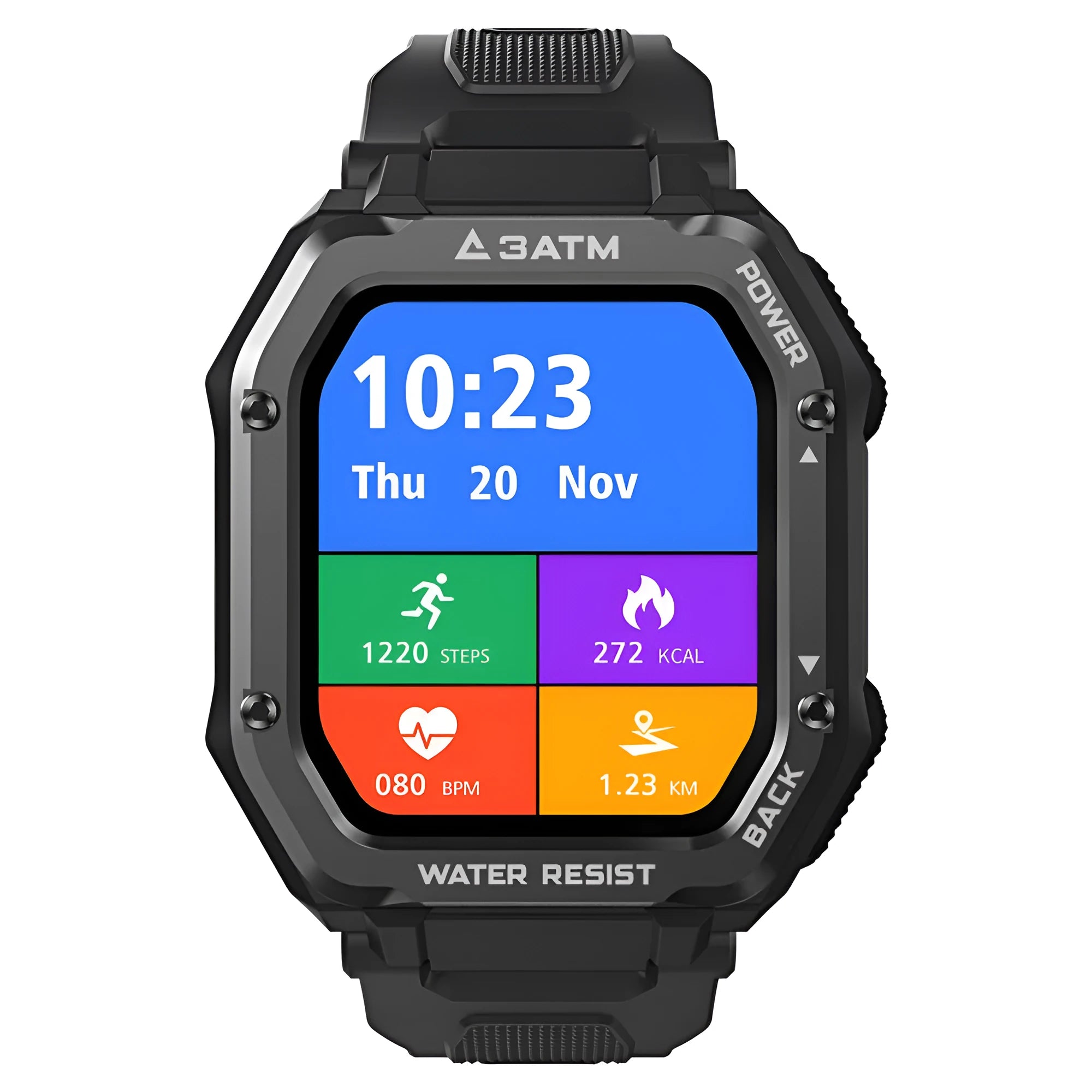 Rugged outdoor smart watch with 1.69-inch screen showing sports modes interface