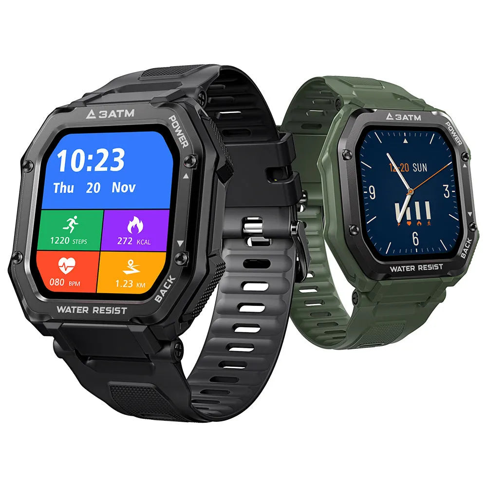 Rugged outdoor smart watch with 1.69-inch screen showing sports modes interface