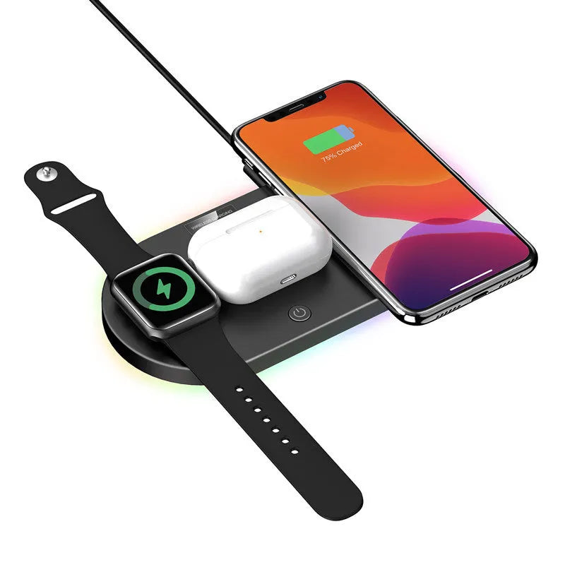 15W fast charge desktop wireless charger in black with LED indicator and USB interface on a desk