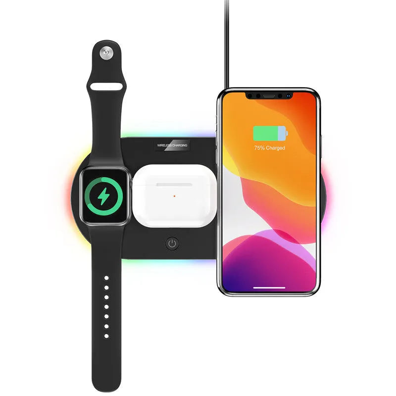 15W fast charge desktop wireless charger in black with LED indicator and USB interface on a desk