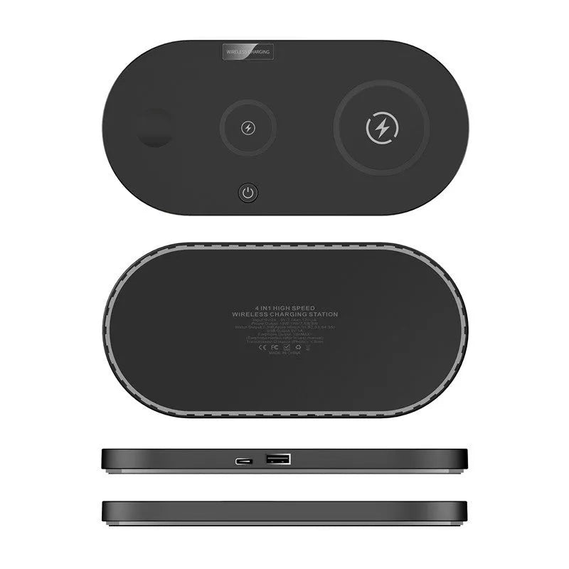 15W fast charge desktop wireless charger in black with LED indicator and USB interface on a desk