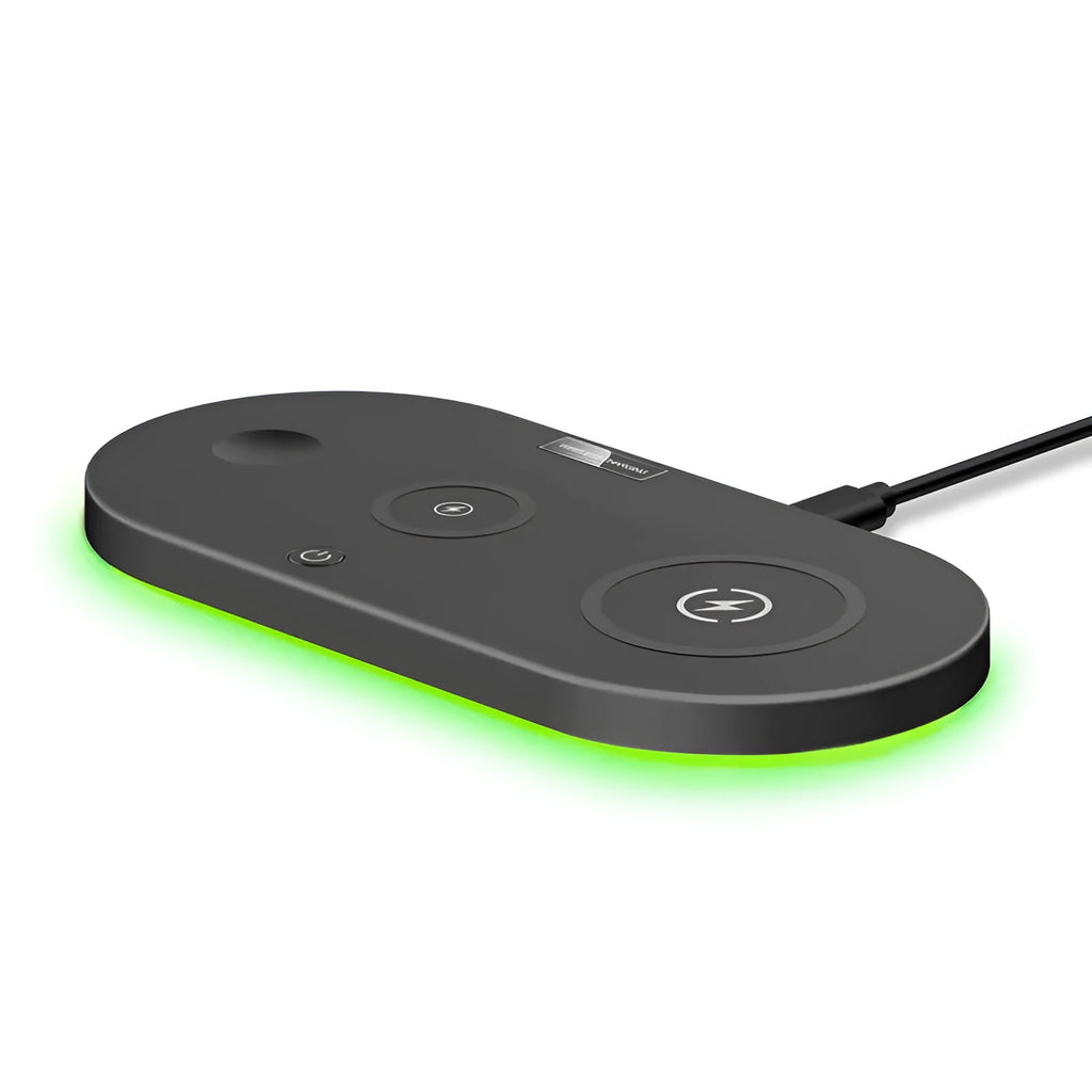 15W fast charge desktop wireless charger in black with LED indicator and USB interface on a desk