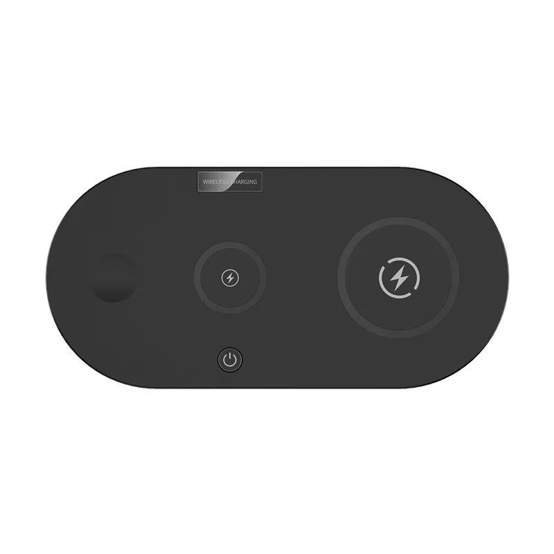 15W fast charge desktop wireless charger in black with LED indicator and USB interface on a desk