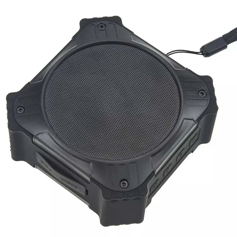 Compact black or blue waterproof portable Bluetooth speaker with lanyard.