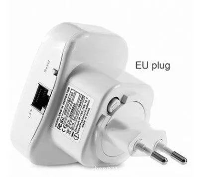 Black and white WiFi signal repeater with UK plug and international adapters showing compact size