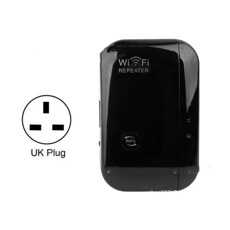 Black and white WiFi signal repeater with UK plug and international adapters showing compact size