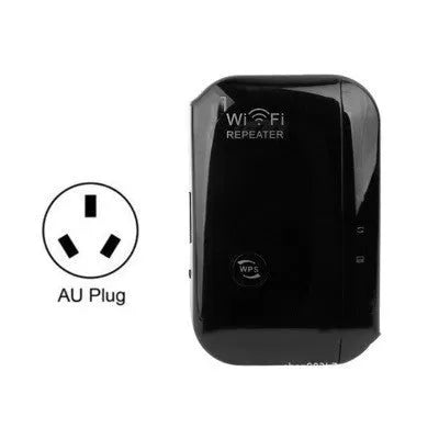 Black and white WiFi signal repeater with UK plug and international adapters showing compact size
