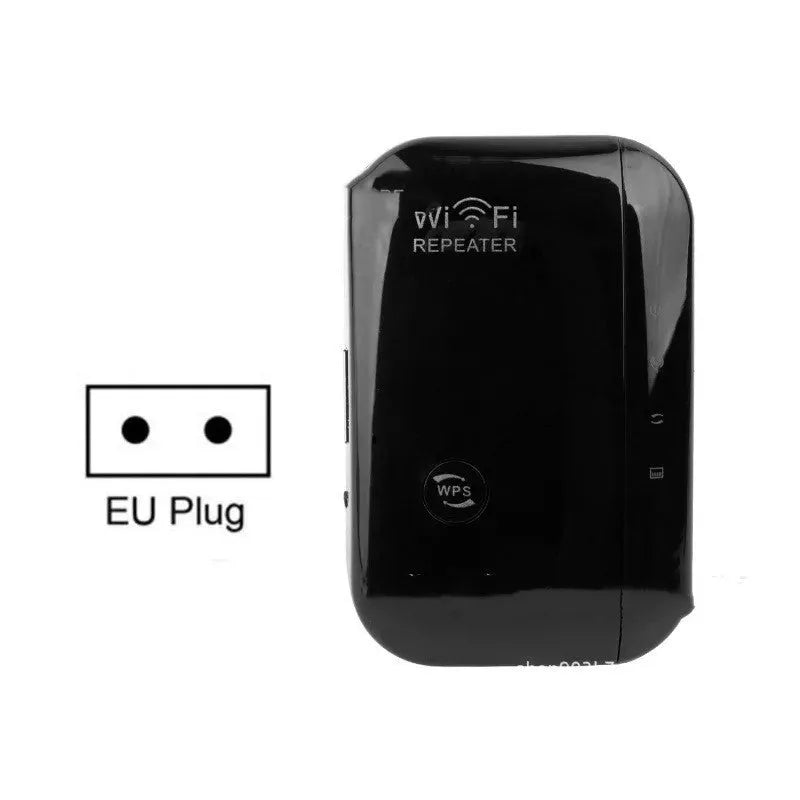 Black and white WiFi signal repeater with UK plug and international adapters showing compact size