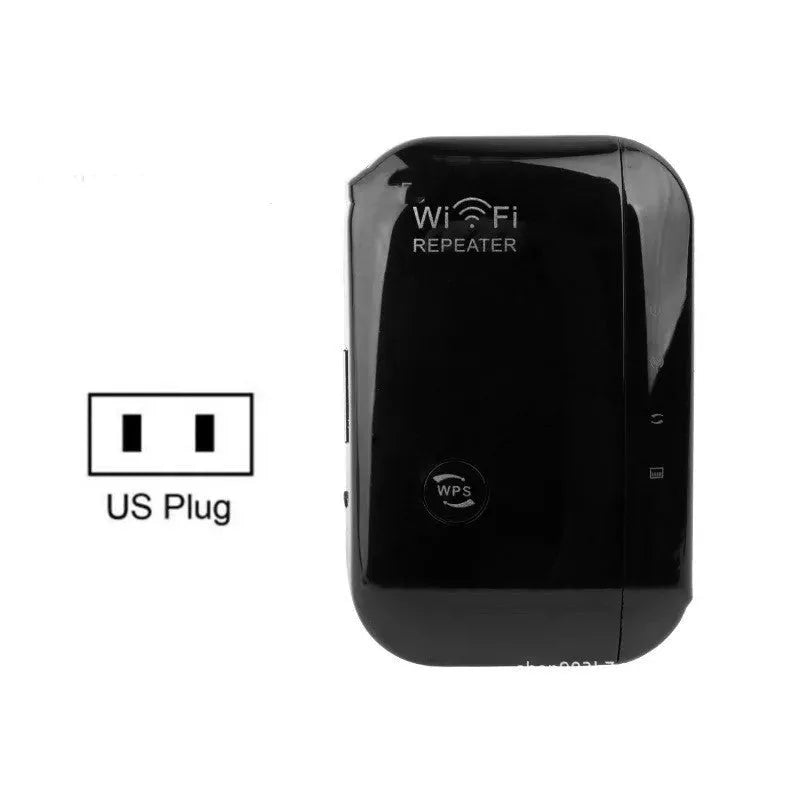 Black and white WiFi signal repeater with UK plug and international adapters showing compact size