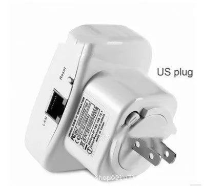 Black and white WiFi signal repeater with UK plug and international adapters showing compact size
