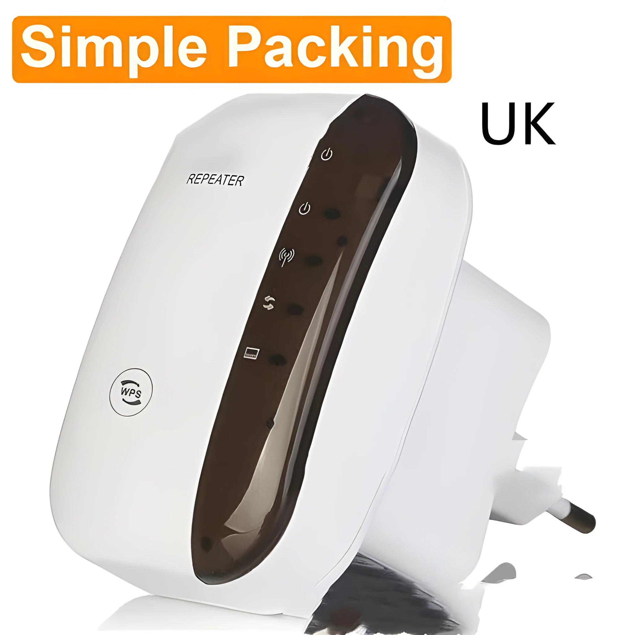 Black and white WiFi signal repeater with UK plug and international adapters showing compact size