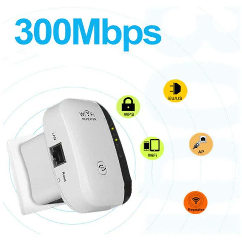 Black and white WiFi signal repeater with UK plug and international adapters showing compact size