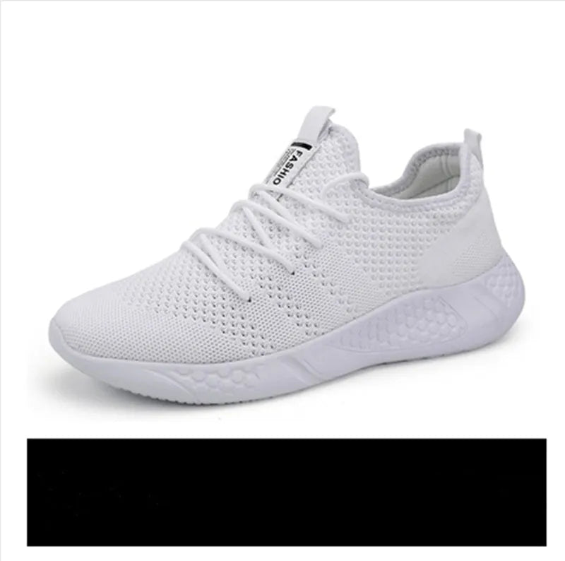 Men's black and white mesh sneakers with round toe and lace-up fastening